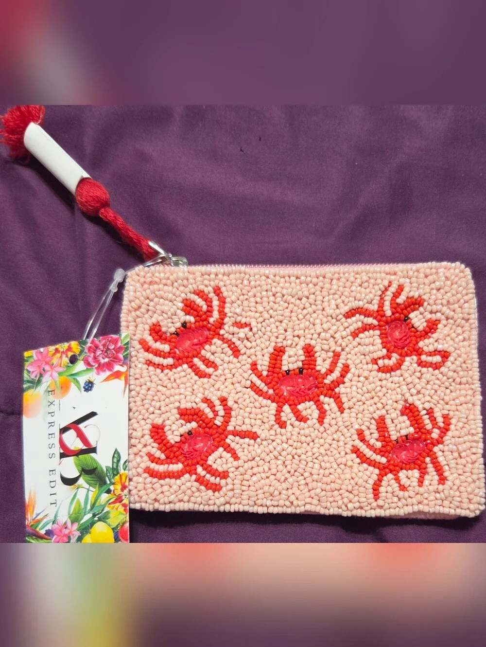 A&B Express Edit Beaded Crab Coin Pouch - Pink & Red